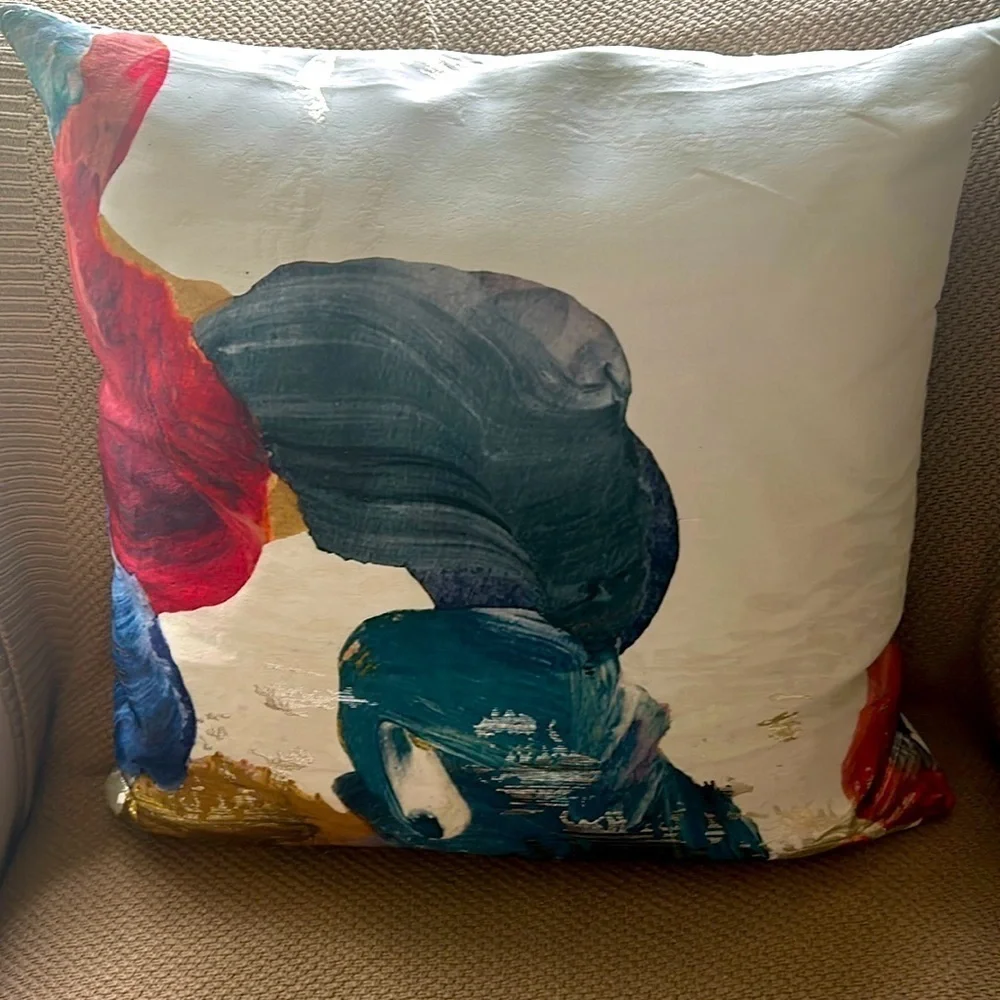 NWT West Elm Art Deco Pillow.  Blue, Gold, Red with White Background. Metallic